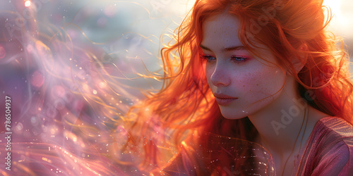 Woman with Red Hair and Maroon Eyes Radiating Calm Amidst Psychedelic Waves
