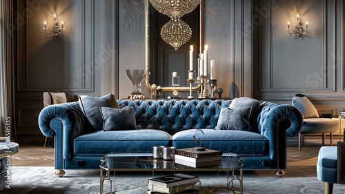 Step into a realm of understated luxury, where a regal blue sofa reigns supreme in a meticulously curated living room. 

 photo