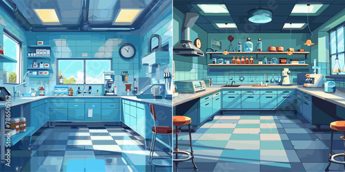 Chemical laboratory cartoon concepts. Scientific analysis research test tubes glass flasks reagents microscope equipment class interior, colorful vector illustrations