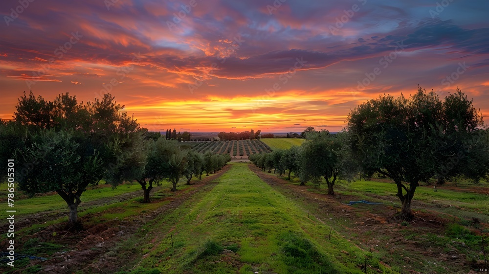 Lush Olive Grove Stretched Towards Vibrant Sunset Sky Conveying Tranquil Abundance of Nature Lush Olive Grove Stretched Towards Vibrant Sunset Sky Conveying Tranquil Abundance of Nature