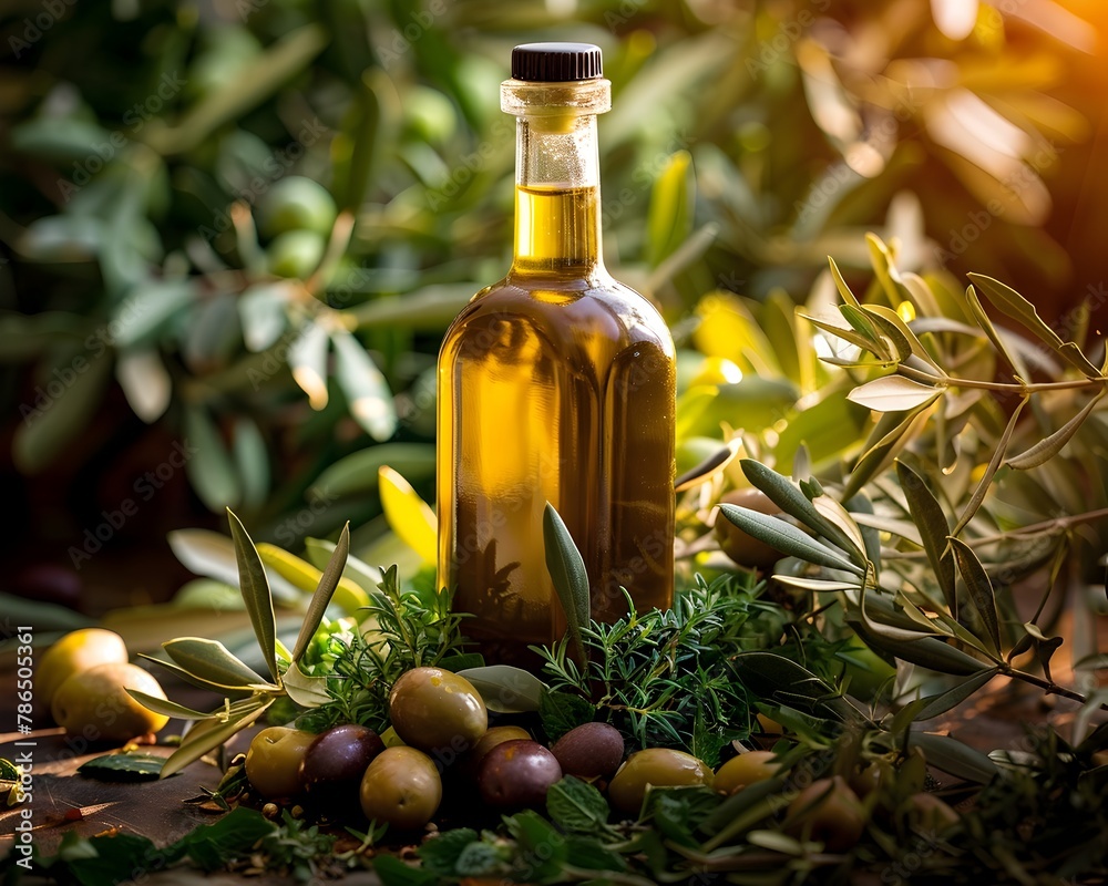 Serene Still Life of Premium Olive Oil Bottle Nestled Amongst Fresh Herbs and Ripe Olives in Warm Natural Light Serene Still Life of Premium Olive Oil Bottle Nestled Amongst Fresh Herbs and Ripe Olives in Warm Natural Light
