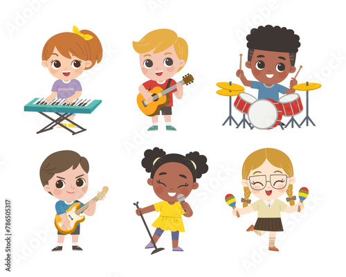 Set Illustration of Kids playing different musical instruments. Hobbies and interests.