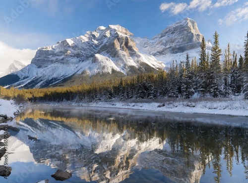 Almost nearly perfect reflection of the Rocky mountains in the Bow River. Near Canmore, Alberta, Canada. © D'Arcangelo Stock