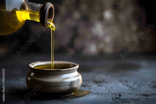 Luxury Golden Olive Oil Pouring from Traditional Ceramic Amphora onto Rustic Background photo