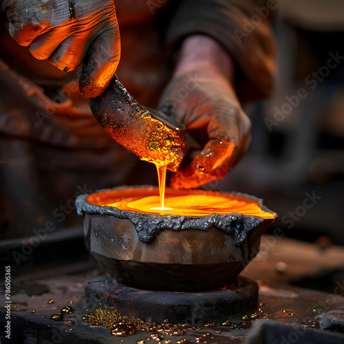 Artisan Pouring Liquid Metal into Cast at Foundry