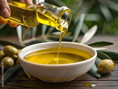 Pouring Extra Virgin Olive Oil into a White Ceramic Bowl with a Natural Green Leafy Background