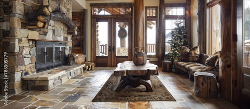Handcrafted details like log accents and stone finishes reflect rustic mountain charm. 