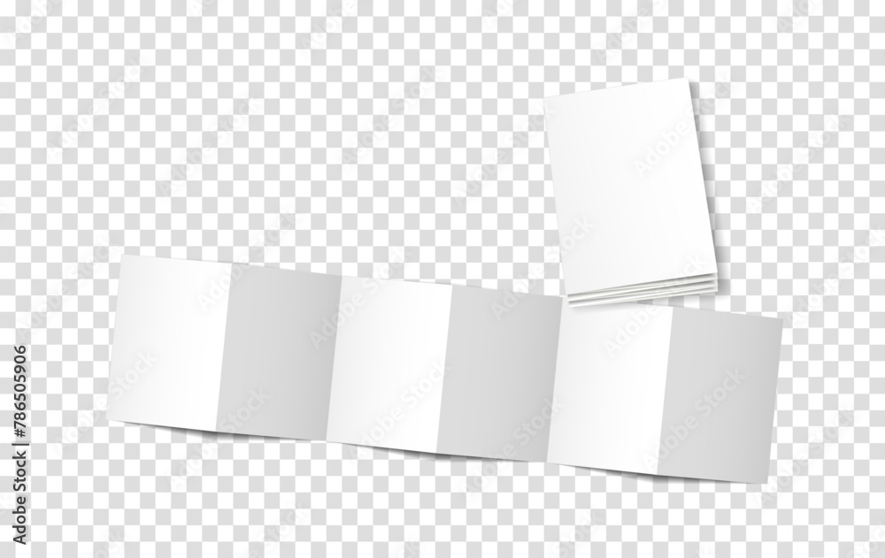 Mockup of an open and closed book, booklet, brochure, leaflet, accordion type, 12 pages, 6 folds. 3d vector illustration on transparent background. Suitable for your design.