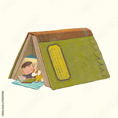 Boy book and dog. children and education concept. watercolor cartoon.