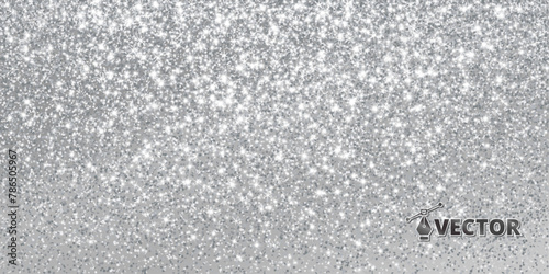 Silver glitter lights background. Sparkling glittering rain effect. Celebration backdrop for Christmas, wedding, birthday party. Luxury metallic banner, card. Vector.