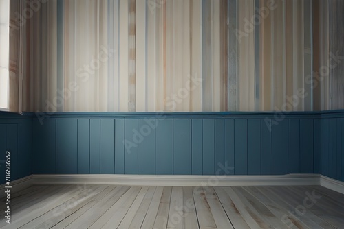 Empty room with white walls and parquet floor, shits of striped blue wallpaper on the wall with copy space. Housework concept Generative AI