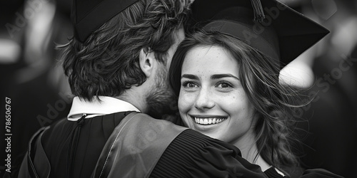 Retro style image of graduates hugging one anoter after graduation ceremony. photo
