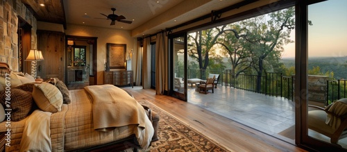 Master suite offers a luxurious retreat with a private balcony overlooking scenic landscapes