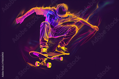 Yellow purple neon skateboarder 360 flip isolated on black background. © Neon Hub