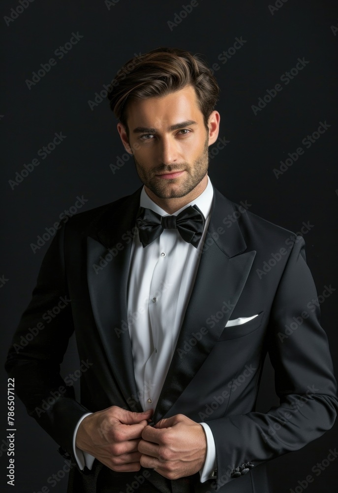 A portrait of a man in elegant eveningwear, capturing the essence of formal fashion.