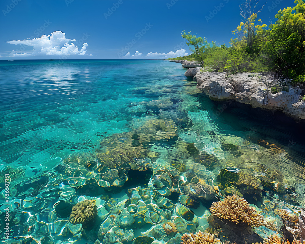 Tropical Coral Reef by Rocky Shoreline Under Blue Sky