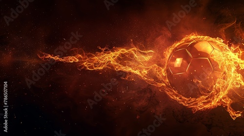 Football ball with fire in flight on a dark background