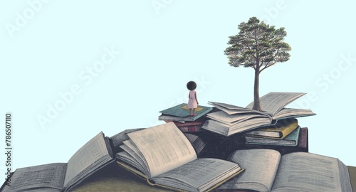 Books girl and tree. Conceptual art of education children dream hope and imagination. concept art. surreal painting. photo