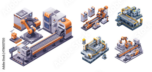 Conveyor production line isometric set. Automated manufacturing heavy industry robots manipulators stream vector illustrations isolated on white background