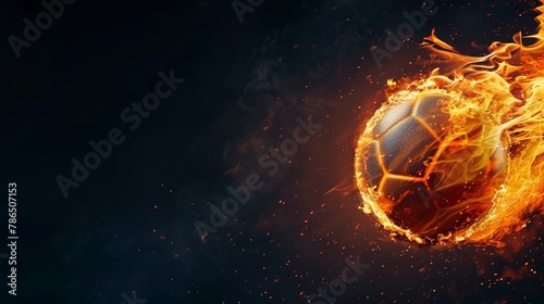 Football ball with fire in flight on a dark background