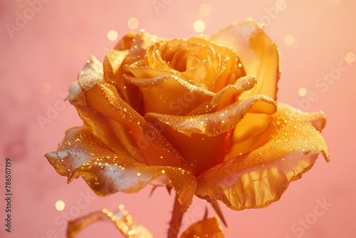 A delicate beautiful golden rose on a pink background with shiny shining pollen on the bud