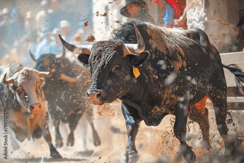 Running of the bulls in a traditional bullfighting festival in full action in the dust, with people watching from the barriers in bokeh