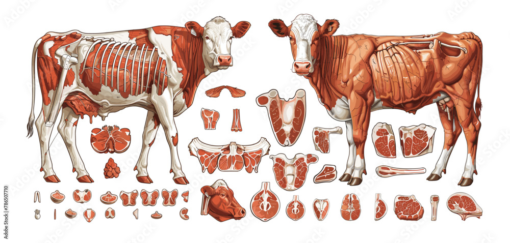 Cow meat frame cartoon illustrations. Scheme atlas anatomy artiodactyla ...