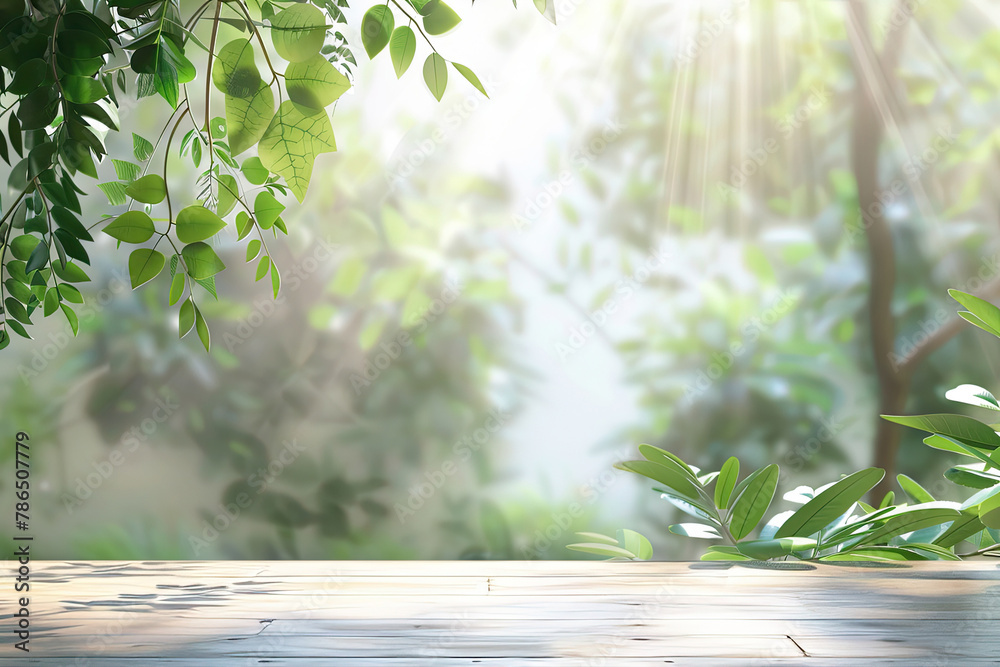Empty Wooden Table, Blurry Bokeh Green Natural Background. Autumn Spring Morning, Soft Light, Product Display, Ads Banner