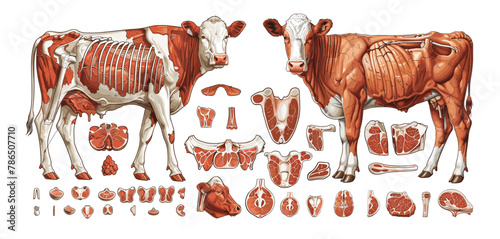 Cow meat frame cartoon illustrations. Scheme atlas anatomy artiodactyla animal muscles fillet ribs steak parts location vector concepts isolated on white background