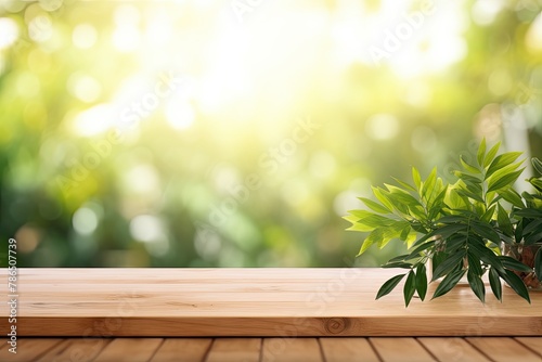 Empty Wooden Table, Blurry Bokeh Green Natural Background. Autumn Spring Morning, Soft Light, Product Display, Ads Banner © RBGallery