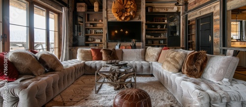Plush furnishings and elegant decor enhance the luxury ambiance of the mountain cabin. 