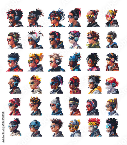 Cyberpunk avatars pixel art vector set. Modern men women dread headphones glasses hoodies accessories city dwellers urban thug characters game ui design isolated on white background