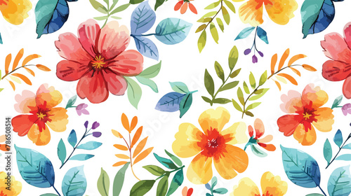 Watercolor flowers and leaves in a seamless pattern.