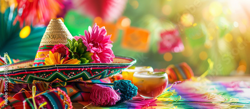 Cinco de Mayo,Mexican colorful summer fiesta party,sombrero hat,maracas margarita cocktail,table colorful Mexican decorations. With the exotic beach "Cinco de Mayo" as a backdrop,mexican banner.