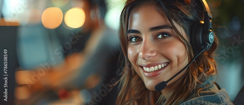 Illustration of call center worker wearing over-ear headphones for company business help desk and telephone assistance concept. Smiling while talking People talking on the phone will feel friendly.