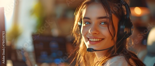 Illustration of call center worker wearing over-ear headphones for company business help desk and telephone assistance concept. Smiling while talking People talking on the phone will feel friendly.