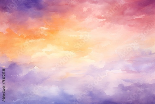 Sunset Sky with Orange and Purple Puffy Clouds Rainbow Colorful Abstract Watercolor Background