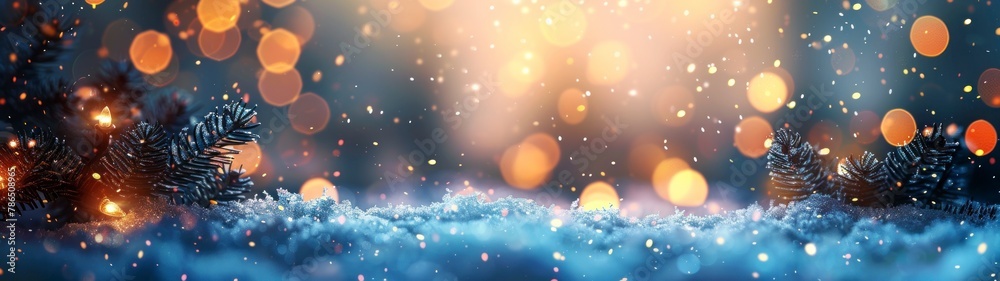 Fototapeta premium panoramic 32:9 landscape of a Christmas pine tree with Christmas balls in the forest with snow in winter in high resolution and high quality. Christmas concept, winter, panoramic, snow, Europe