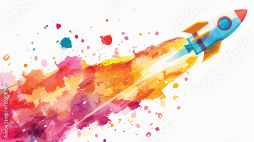 Watercolor rocket flying with color splash background. © Megan