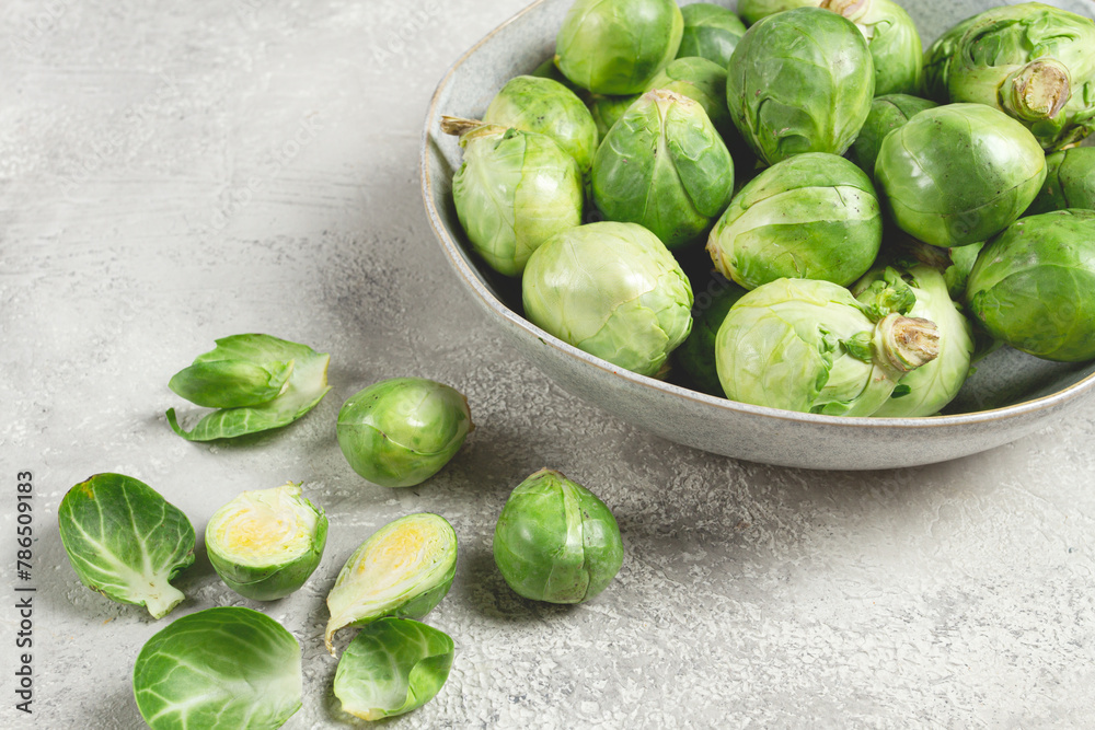 fresh Brussels sprouts, raw, top view, on a gray table, no people, fresh Brussels sprouts, raw, top view, on a gray table, no people,