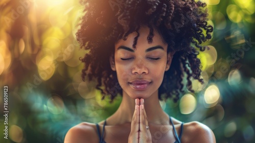Close up portrait of charming sensual afro american woman doing yoga, healthy life concept, professional photo, free space for text, banner, blurred saturated color background