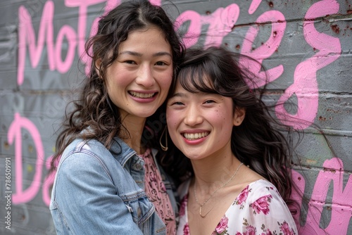 Two women smiling at the camera in front of a pink wall with the words "Mother's