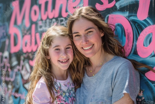 A mother and daughter are smiling for the camera in front of a mural
