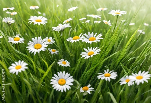 Flowers of daisies in grass.