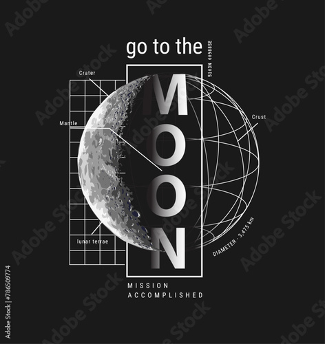 go to the moon slogan with moon diagram wire frame graphic hand drawn vector illustration on black background