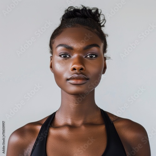 Close up portrait of gorgeous sporty sensual african woman doing yoga, healthy life concept, professional photo, isolated on white background