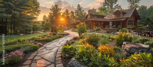Tranquil gardens and landscaped grounds enhance the serene atmosphere of the luxury mountain cabin.