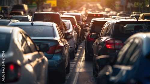 Jammed street traffic on the highway at sunset