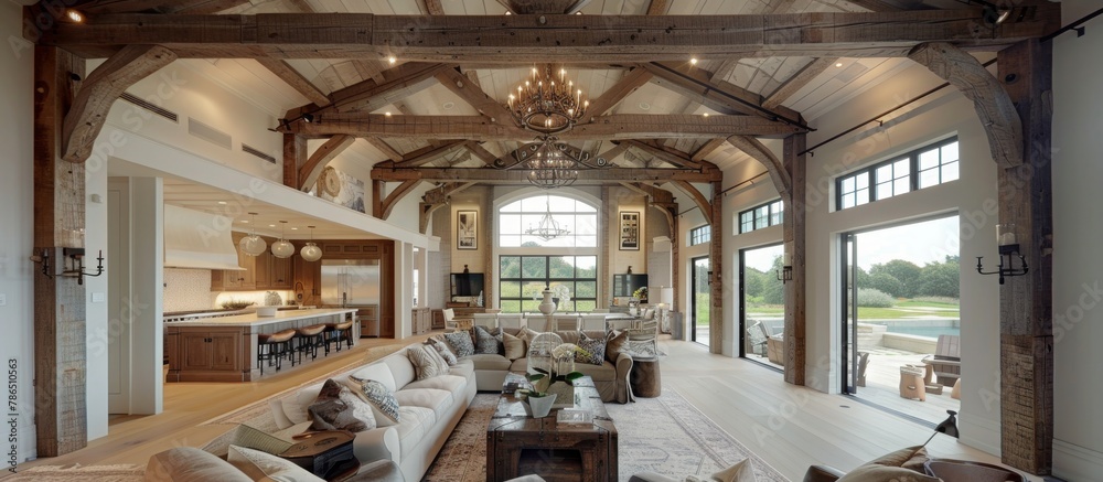 Vaulted ceilings with exposed wooden beams create a sense of spaciousness and grandeur. 