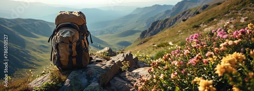 Backpack on Mountain Ridge Overlooking Valley with Wildflowers